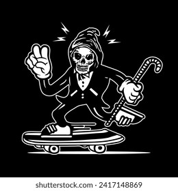 Skateboarding Grim Reaper in Tuxedo Mascot Character Design Hand Drawing Vector