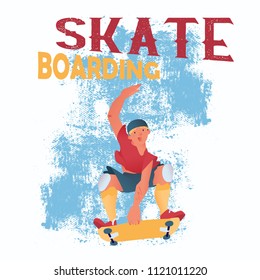 Skateboarding. The guy does a trick with a skateboard. The cool dude and text "Skateboarding". Banner in flat style with grunge background. Vector illustration.