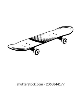 Skateboarding hand drawn engraving composition with isolated image of wooden board with wheels vector illustration