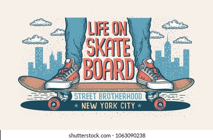 Skateboarding hipster handcrafted illustration with legs in classic sneakers standing on a skateboard