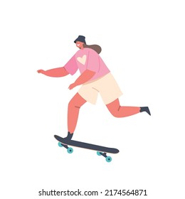 Skateboarding Hobby. Young Girl Character Perform Stunts on Skateboard at Rollerdrome. Stylish Skating Teenager Jumping on High Speed on Board. Extreme Summertime Activity. Cartoon Vector Illustration