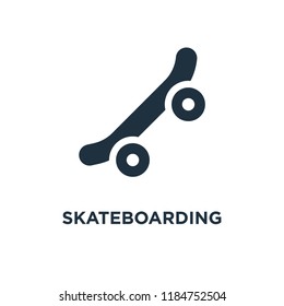 Skateboarding icon. Black filled vector illustration. Skateboarding symbol on white background. Can be used in web and mobile.
