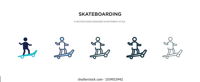 skateboarding icon in different style vector illustration. two colored and black skateboarding vector icons designed in filled, outline, line and stroke style can be used for web, mobile, ui