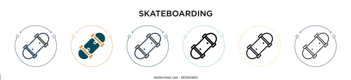 Skateboarding icon in filled, thin line, outline and stroke style. Vector illustration of two colored and black skateboarding vector icons designs can be used for mobile, ui, web