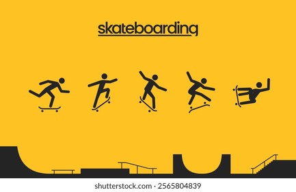 Skateboarding icons set vector illustration. Skateboard trick progression symbol logo. Silhouette of a Man playing a skateboard icon set