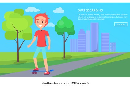 Skateboarding internet page text sample, urban activities and pastime in park with trees, skateboarder teenager isolated on vector illustration