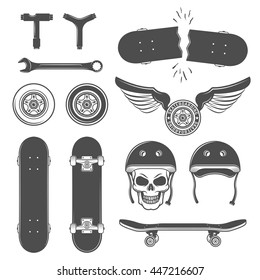 Skateboarding isolated black icon set with tools and equipment of skater boy vector illustration