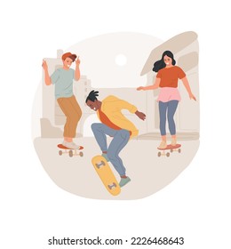 Skateboarding isolated cartoon vector illustration. Group of people skateboarding outdoors, freestyle practicing, active and healthy pastime, physical activity with friends vector cartoon.