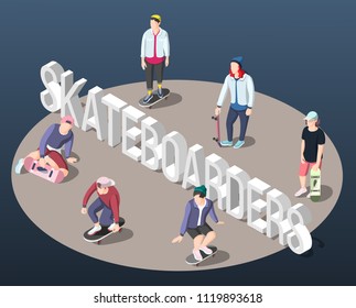 Skateboarding isometric background with teenagers on skateboards standing on perimeter of circle vector illustration