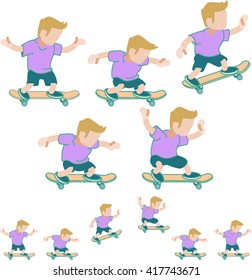 Skateboarding jump animation sequence with a small blond skateboarder in shorts