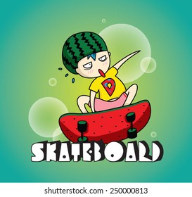 Skateboarding kid with watermelon skateboard graphic