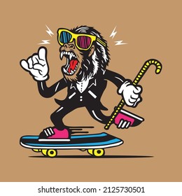 Skateboarding King Kong Gorilla in Tuxedo Mascot Character Design