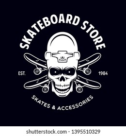 Skateboarding label badge. Skate shop logotype. Design elements for posters, t-shirt prints, emblems. Vector vintage illustration.