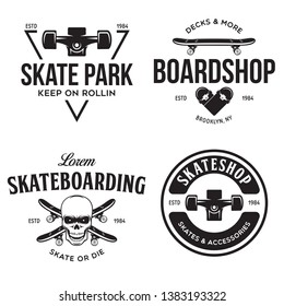 Skateboarding labels badges set. Quotes about skating. Skat of die. Live love sk8. Design elements for posters, t-shirt prints, emblems. Vector vintage illustration.