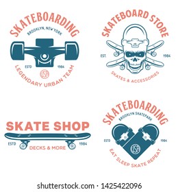 Skateboarding labels badges set. Quotes about skating. Skat of die. Live love sk8. Design elements for posters, t-shirt prints, emblems. Vector vintage illustration.