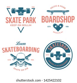 Skateboarding labels badges set. Quotes about skating. Skat of die. Live love sk8. Design elements for posters, t-shirt prints, emblems. Vector vintage illustration.