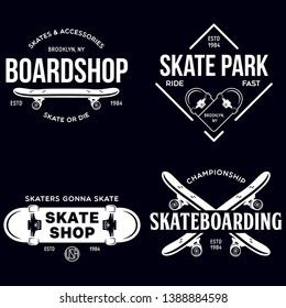 Skateboarding labels badges set. Skate shop logotypes. Design elements for posters, t-shirt prints, emblems. Vector vintage illustration.