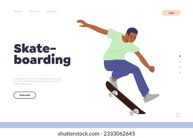Skateboarding landing page design template advertising extreme sport hobby activity for young people