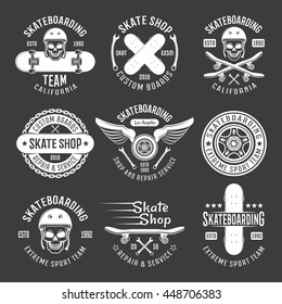 Skateboarding light emblems with descriptions of extreme sport team skate shop on black background vector illustration