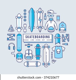 Skateboarding line icons set