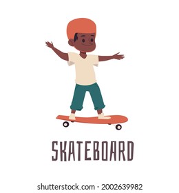 Skateboarding little boy cartoon character flat vector illustration isolated on white background. African american child performing sport activity using skateboard.