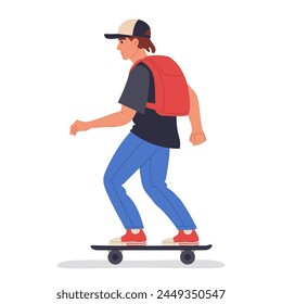 Personaje masculino de skateboarding. Niño patinando en patineta, patinador montando en longboard con mochila, estilo de vida urbano de la libertad de la ciudad Ilustración vectorial plana. Joven chico monopatín