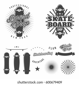 Skateboarding monochrome badges set and  design elements for skateboard club, shop, print, web and more. Retro. Isolated. Vector. 