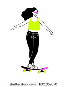 Skateboarding on streets. Cartoon young girl on longboard, concept of outdoors active on board, vector illustration of extreme urban sport isolated on white background