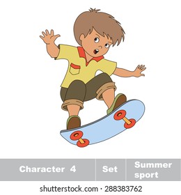 Skateboarding. One baby boy skater on skate. Summer outdoor games for children. Kids summer sport.