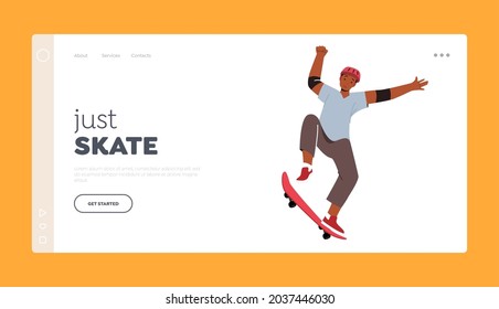 Skateboarding Outdoors Activity Landing Page Template. Man in Modern Clothes and Safety Helmet Jumping on Skateboard. Skateboarder Male Character Sport, Boy on Longboard. Cartoon Vector Illustration