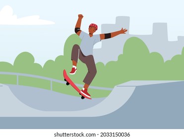 Skateboarding Outdoors Activity. Young Man in Modern Fashioned Clothes and Safety Helmet Jumping on Skateboard. Skateboarder Male Character Sport, Boy on Longboard in Park. Cartoon Vector Illustration