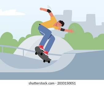 Skateboarding Outdoors Activity. Young Man Jumping on Skateboard Training Extreme Stunts. Skateboarder Male Character Sport, Boy on Longboard Spend Time in City Park. Cartoon Vector Illustration