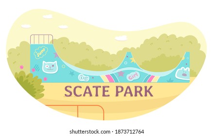 Skateboarding park outdoor background. Empty park with ramp for skating. Recreation at skatepark playground for extreme sport and leisure vector illustration. Landscape scene in nature.