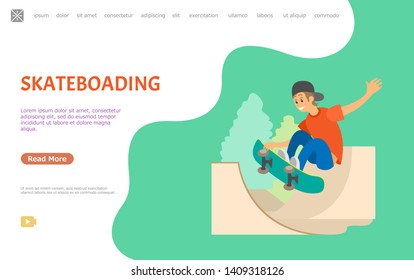 Skateboarding person vector, male in special park for skateboarders to practice. Boy wearing cap with skateboard jumping in air making tricks. Website or webpage template, landing page flat style