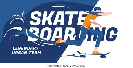 Skateboarding poster design with skater through splashes. Extreme sports and recreation of the urban lifestyle. Vector flat illustration