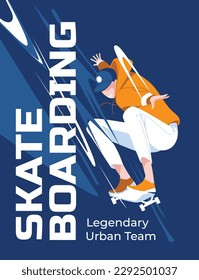 Skateboarding poster design with skater through splashes. Extreme sports and recreation of the urban lifestyle. Vector flat illustration