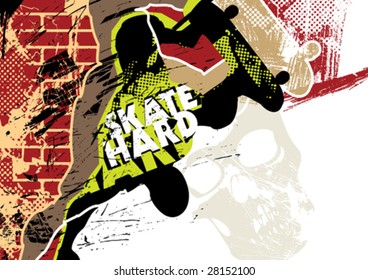 Skateboarding poster with grunge background. Vector illustration.