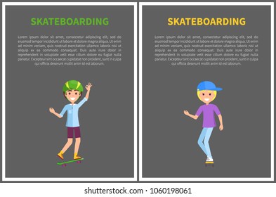 Skateboarding posters set with smiling skaters in protective headgear helmet, young skater boys vector banners with place for text isolated on grey
