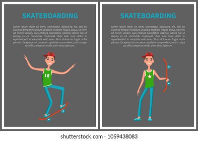 Skateboarding posters skateboarder balancing on skateboard and holding in hand, young skater promote skateboarding activity vector, copy space for text