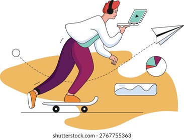 Skateboarding professional balancing tech and analytics while on the move
