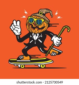 Skateboarding Pumpkin Head Halloween in Tuxedo Mascot Character Design