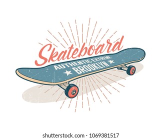 Skateboarding retro emblem with a gray blue skateboard. Grunge texture on a separate layer.