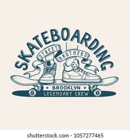 Skateboarding retro emblem. Monochrome print design with feet in sneakers and skateboard.