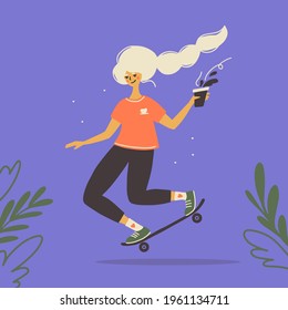 Skateboarding ride vector illustration. Young happy woman skater with coffee in hand riding longboard. Cute girl with white hair and black pants on skateboard. Female outdoor activities, healthy sport