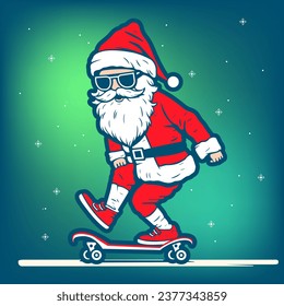 Skateboarding Santa Claus. Estiloso patinador con traje de santa claus y gafas de sol. Papá Noel en un patineta, elegante hipster de Santa Claus con gafas de sol. Papá Navidad Montando Skateboard. Cool elegante