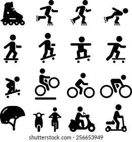 Skateboarding, scooter, rollerblading, bicycling and moped icons