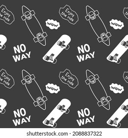 Skateboarding Seamless Pattern with Cartoon Skateboard. Vector Illustration of Board on Dark Color Background with Phrase. Flat Line Art Style Design with Skate for T-shirt and Paper Print