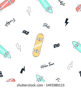 Skateboarding seamless pattern with hand drawn elements - skateboard, lightning and slogan. Skate board typography graphics for fabric and textile product. Vector illustration.