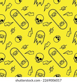 skateboarding seamless pattern. skate background. vector illustration. pattern design with skate board, skull, lightning