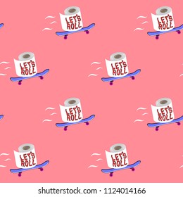 Skateboarding seamless pattern. Skate with a toilet paper roll on it. Patch with "Let's roll" text. Vector illustration. Peachy-colored background.
